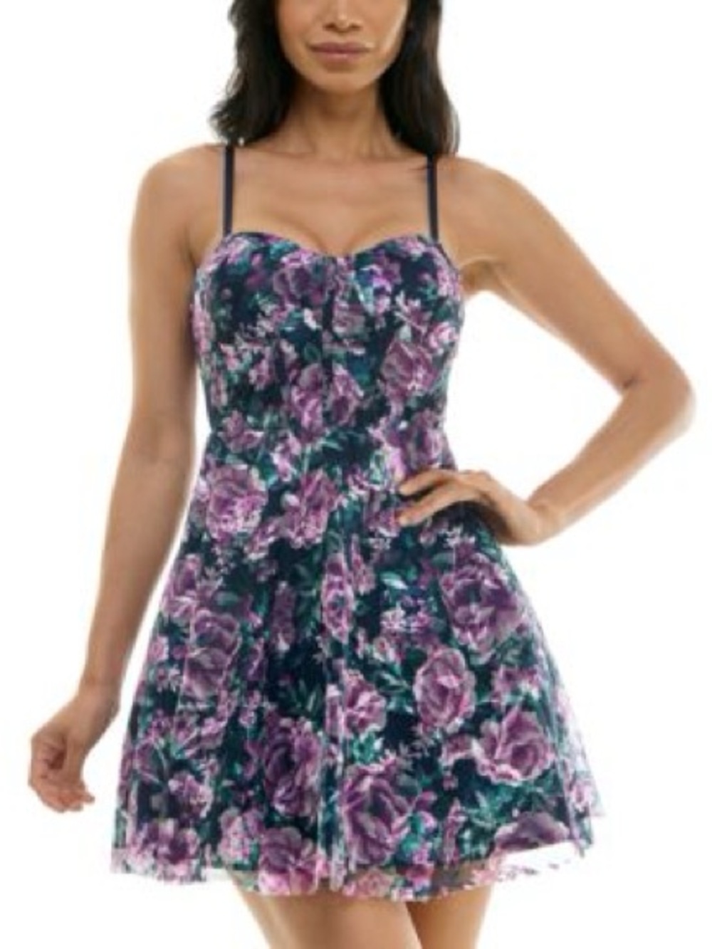 Juniors' Trixxi Sz 15 Embroidered Printed Mesh Fit & Flare Dress
